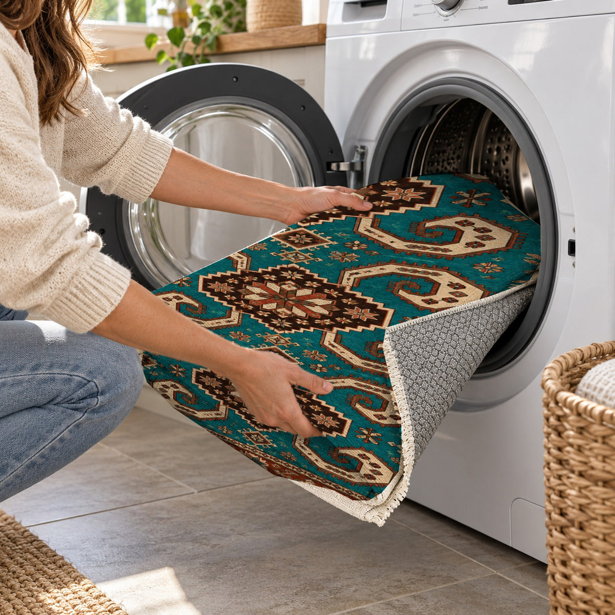 Horn Rhythm Turquoise Copper Ethnic Washable Rug — washing machine