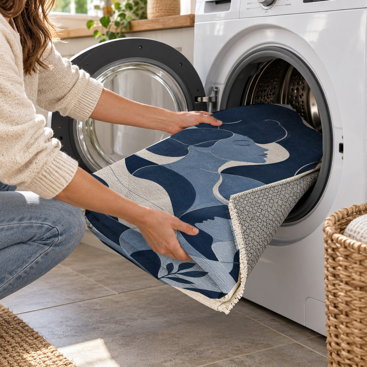 Human Connections Indigo Abstract Washable Rug — washing machine