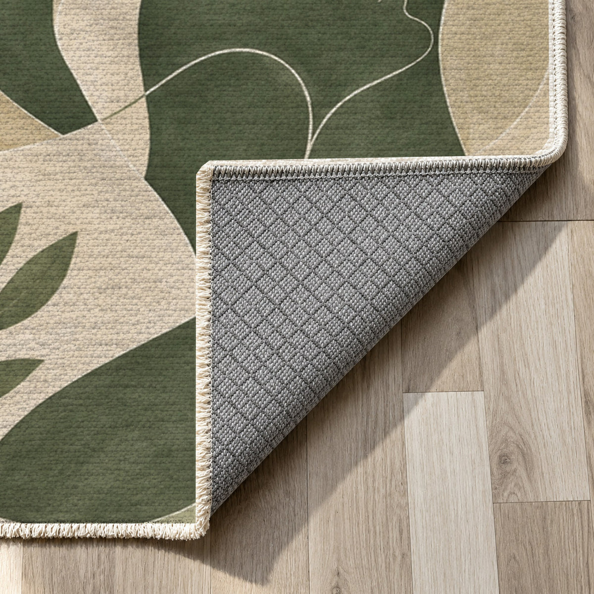 Human Connections Sage Abstract Washable Rug — backing close up