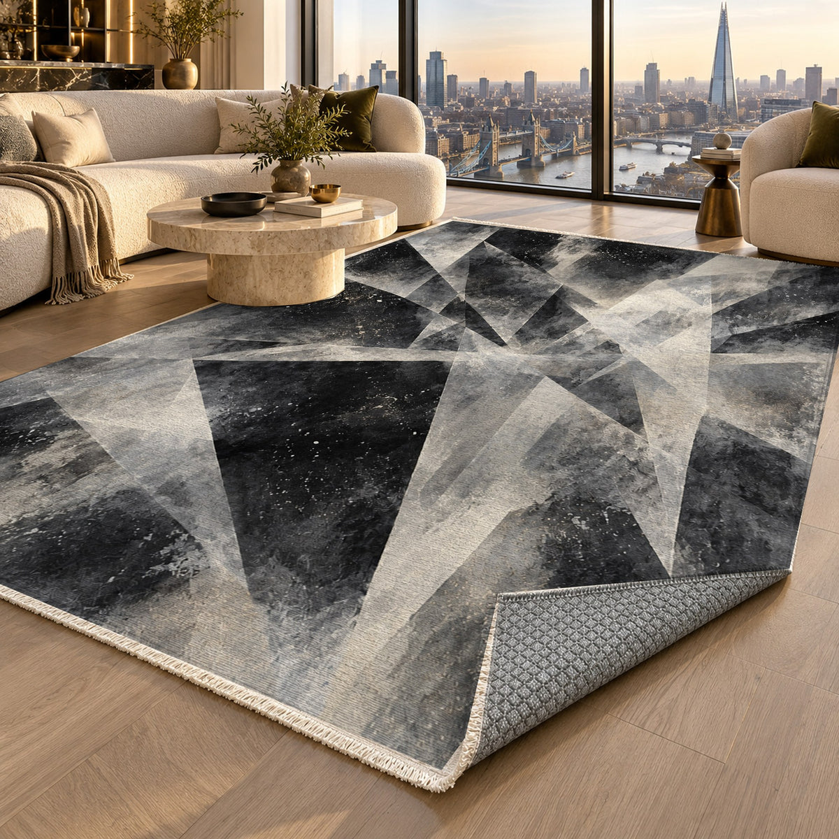 Ice Crystals Charcoal Abstract Washable Rug — london luxury living