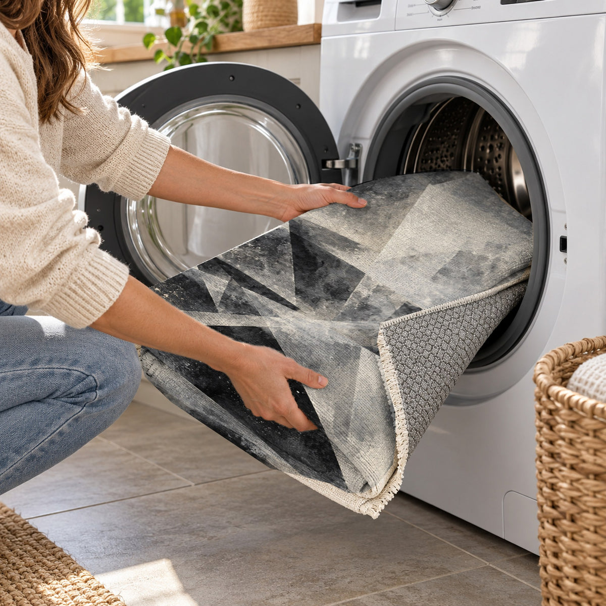 Ice Crystals Charcoal Abstract Washable Rug — washing machine