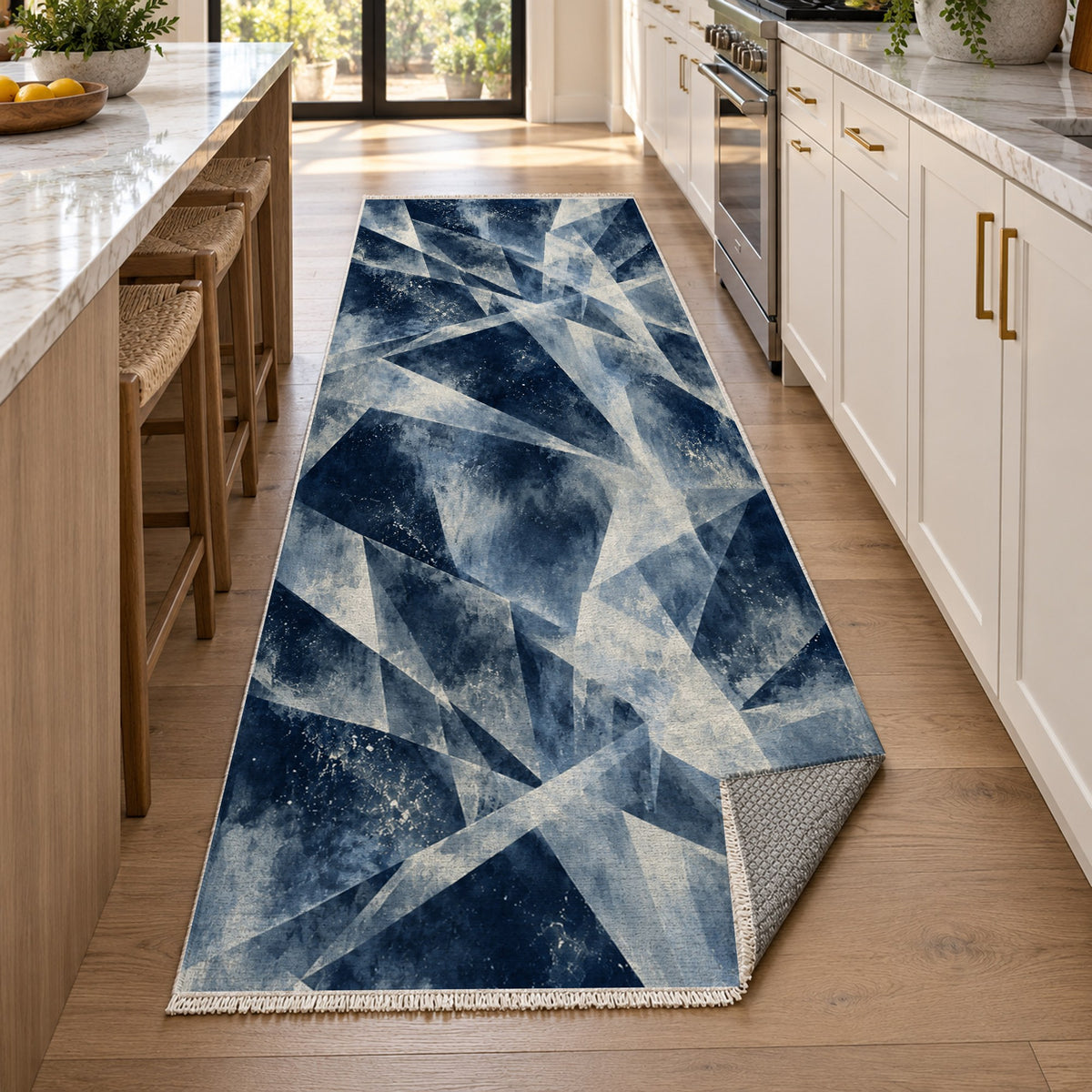Ice Crystals Indigo Abstract Washable Rug — new york kitchen runner