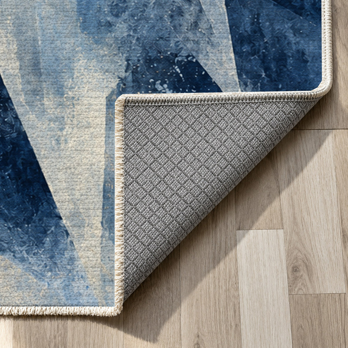 Ice Crystals Indigo Abstract Washable Rug — backing close up