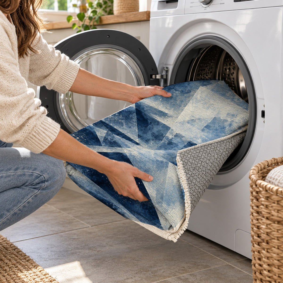 Ice Crystals Indigo Abstract Washable Rug — washing machine