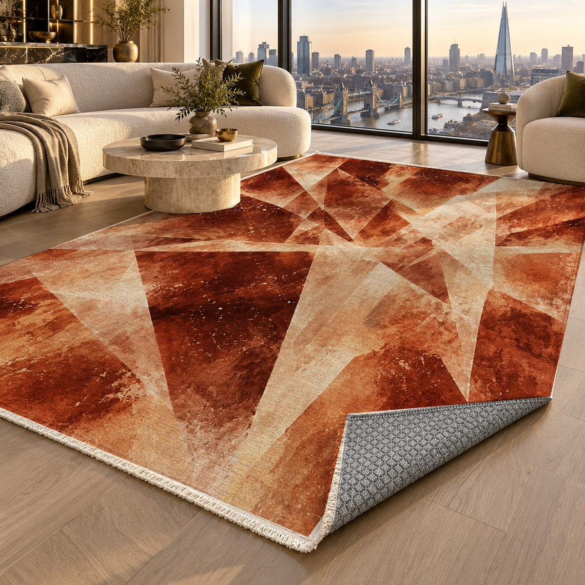 Ice Crystals Terracotta Abstract Washable Rug — london luxury living