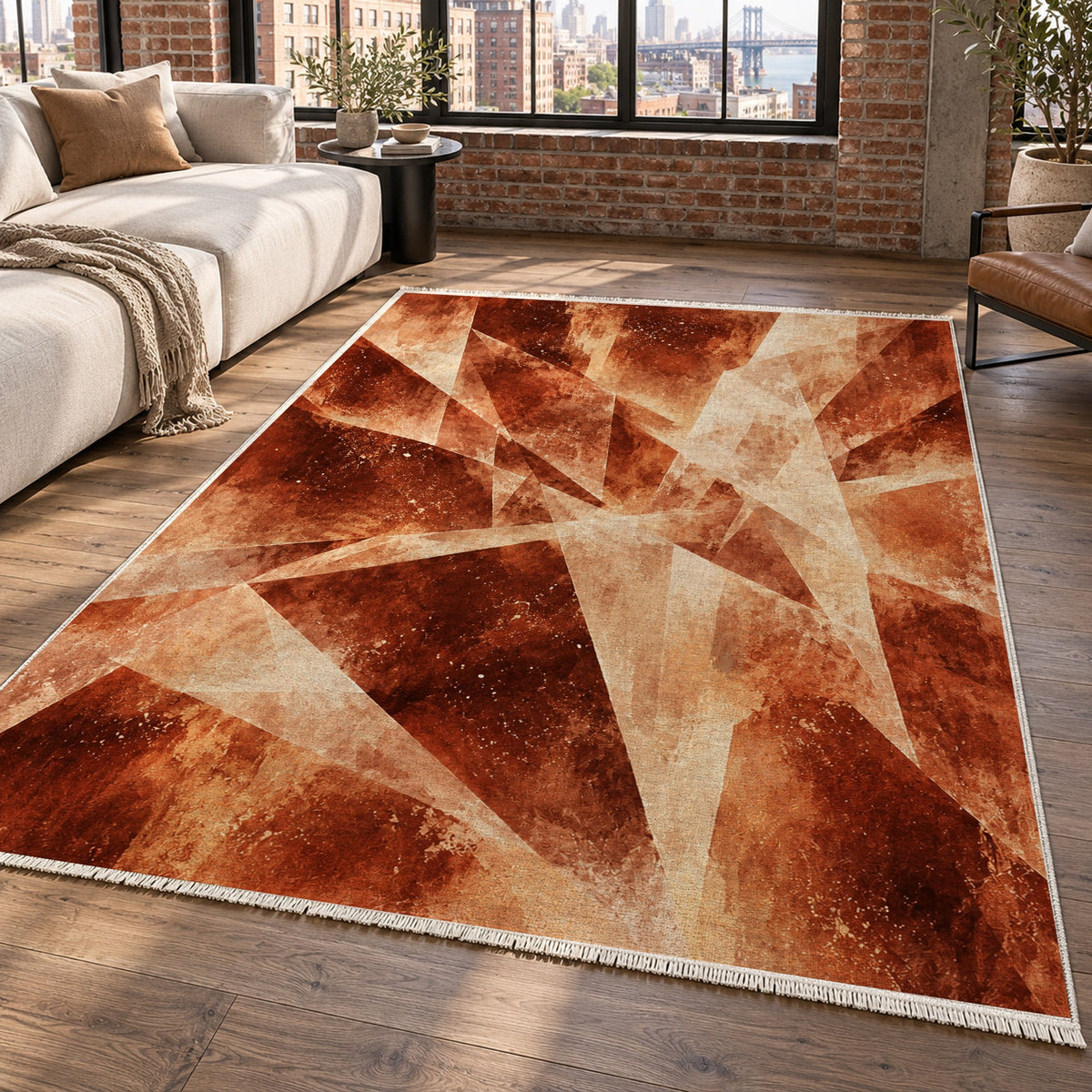 Ice Crystals Terracotta Abstract Washable Rug — new york living
