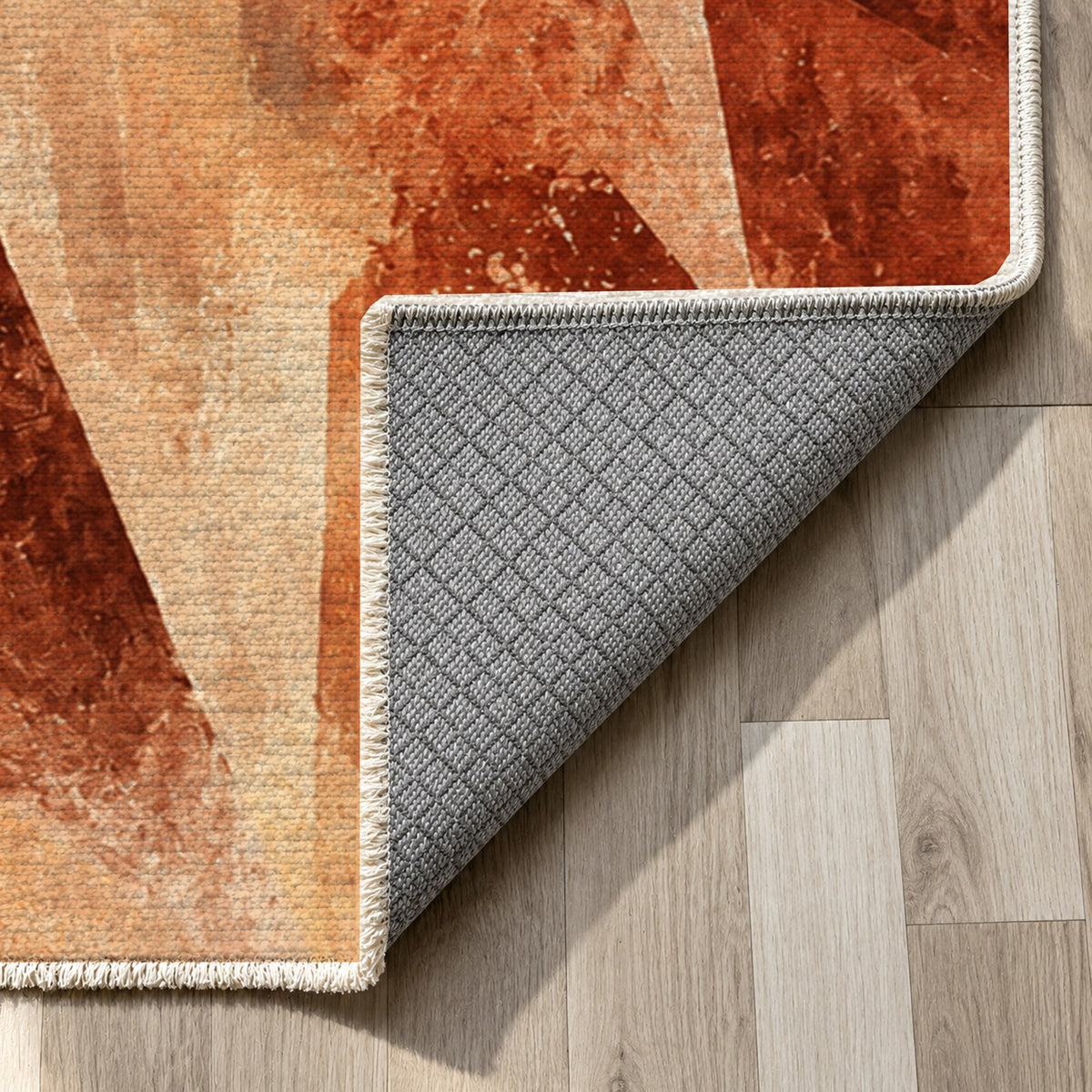 Ice Crystals Terracotta Abstract Washable Rug — backing close up