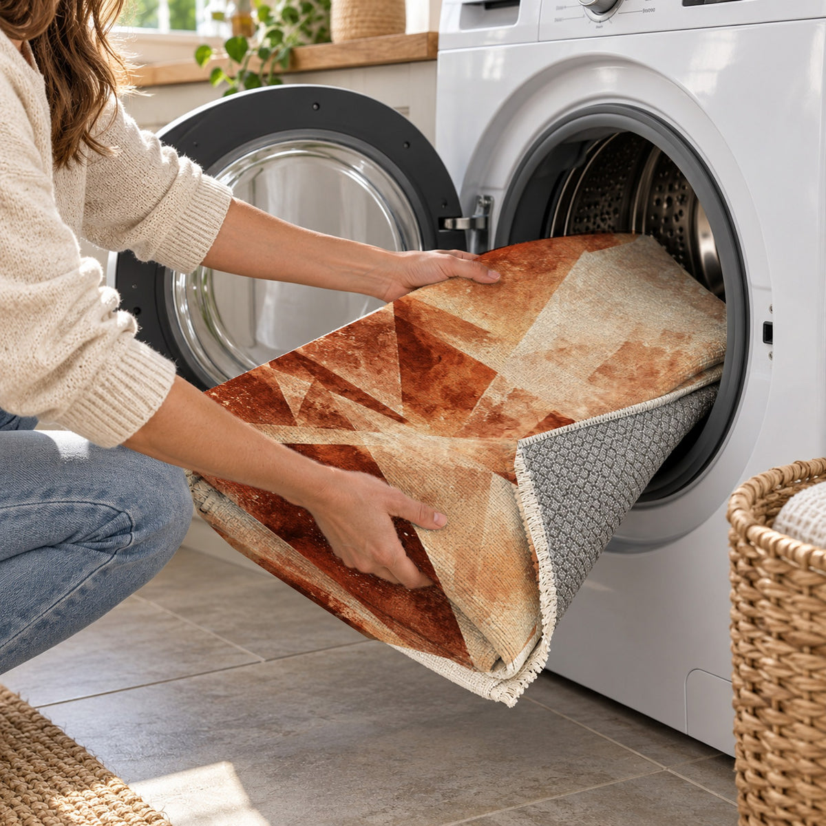 Ice Crystals Terracotta Abstract Washable Rug — washing machine