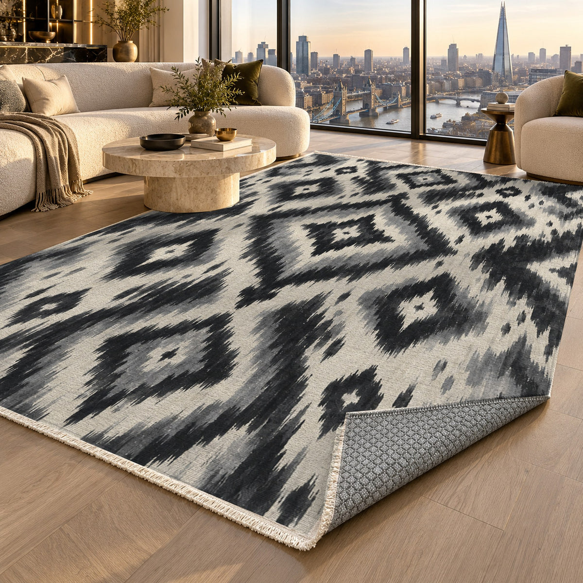 Indigo Ikat Charcoal Ethnic Washable Rug — london luxury living