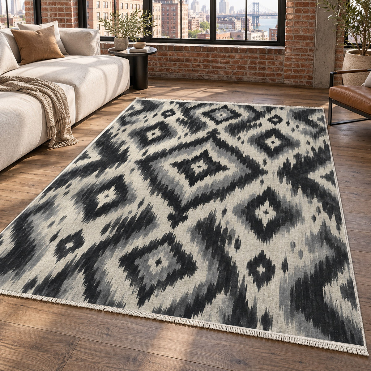 Indigo Ikat Charcoal Ethnic Washable Rug — new york living