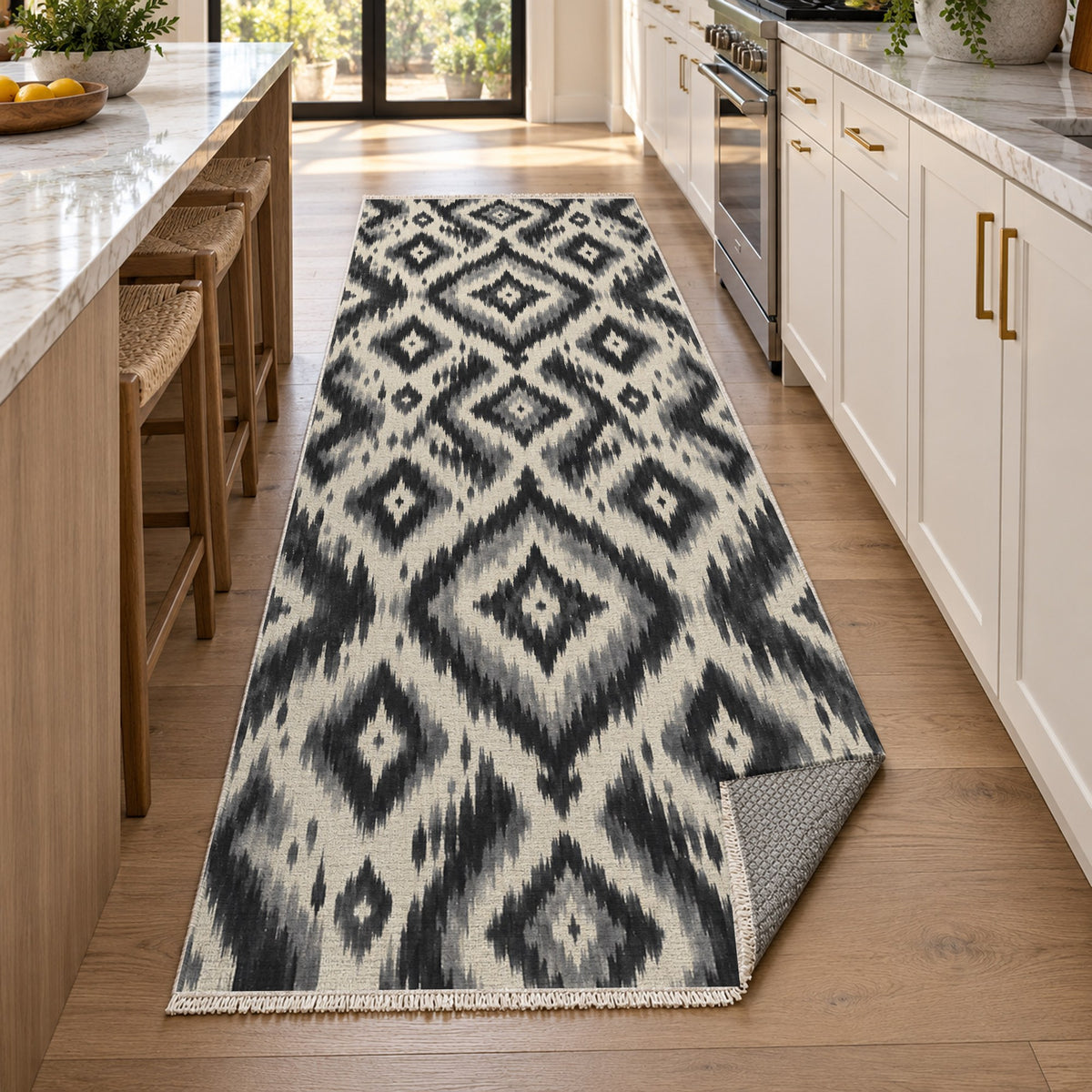 Indigo Ikat Charcoal Ethnic Washable Rug — new york kitchen runner