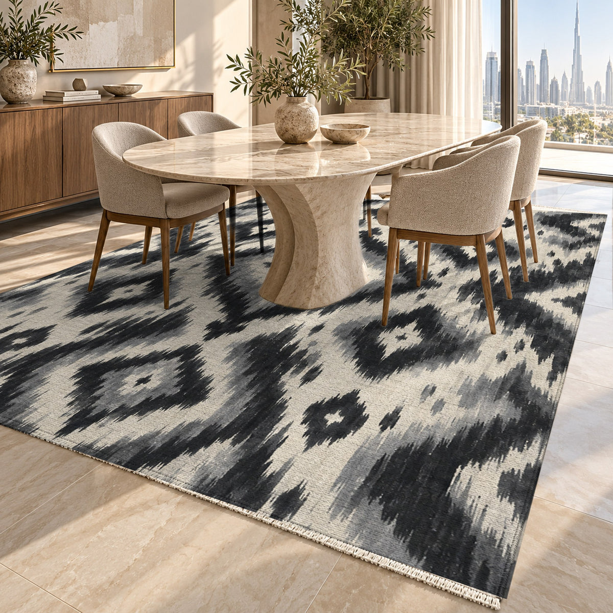 Indigo Ikat Charcoal Ethnic Washable Rug — dubai dining