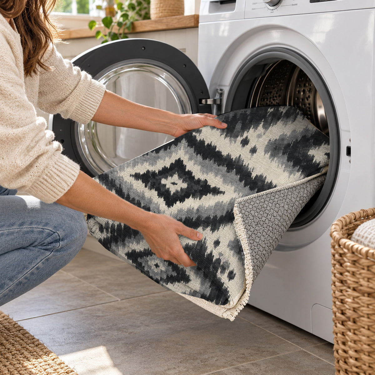 Indigo Ikat Charcoal Ethnic Washable Rug — washing machine