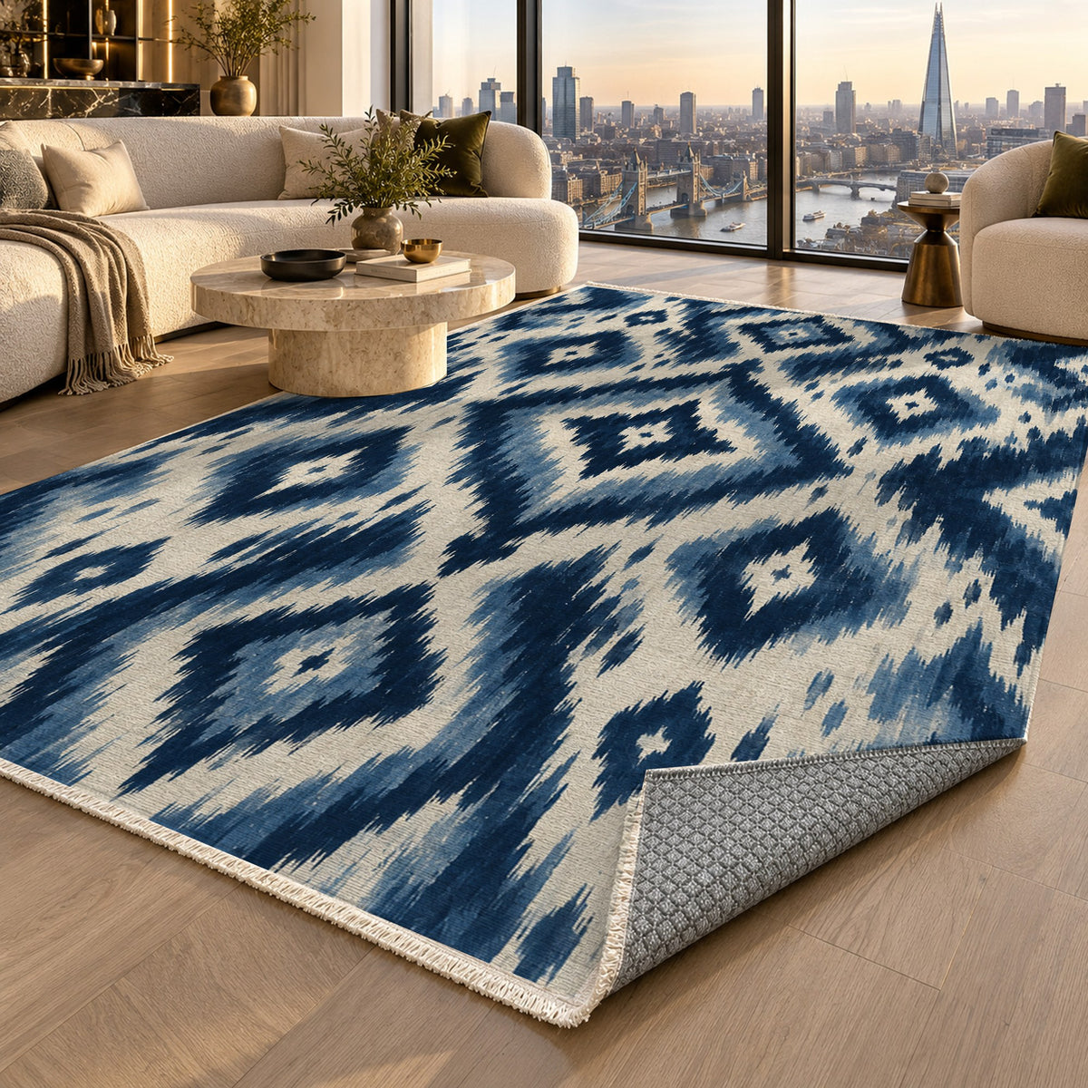 Indigo Ikat Indigo Ethnic Washable Rug — london luxury living