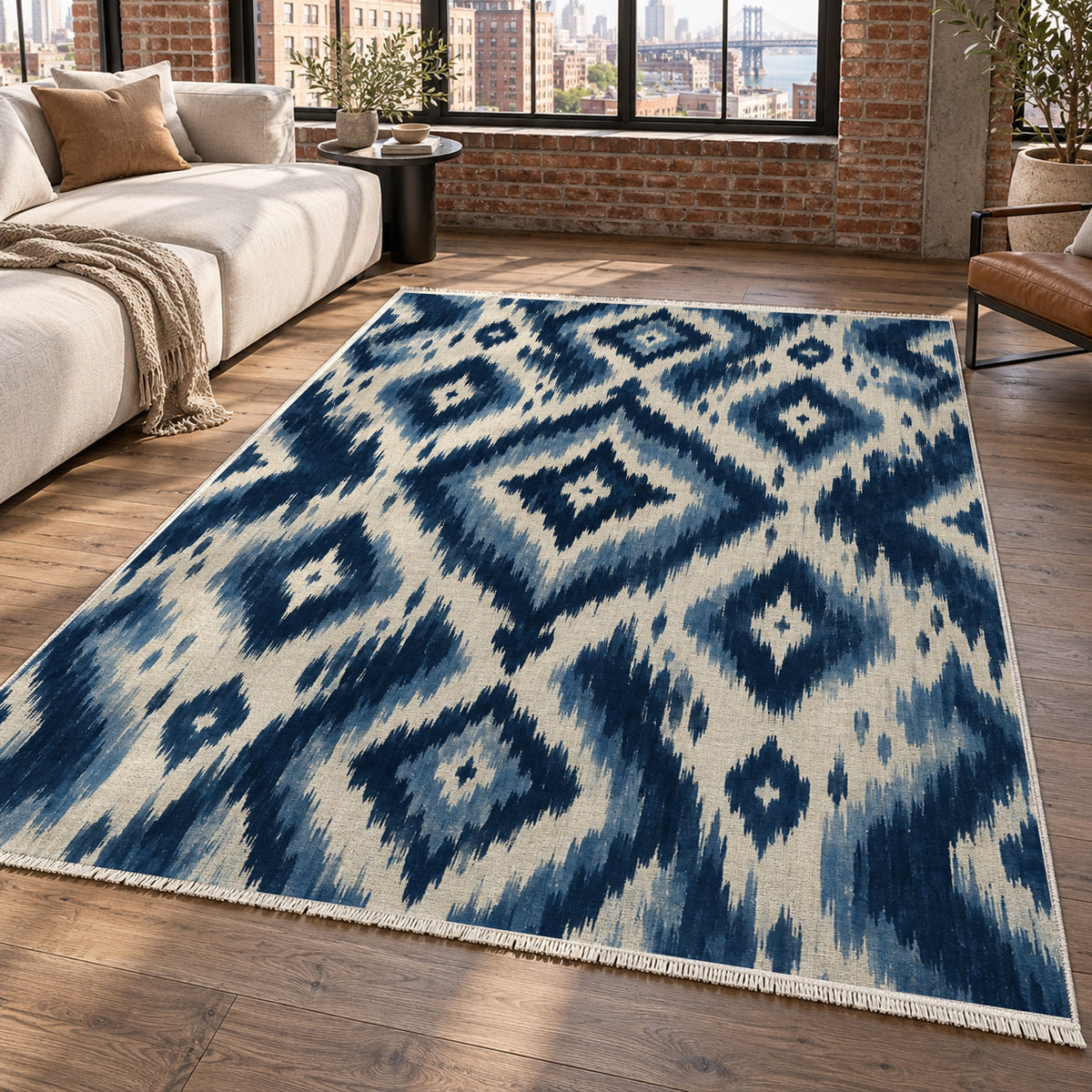 Indigo Ikat Indigo Ethnic Washable Rug — new york living