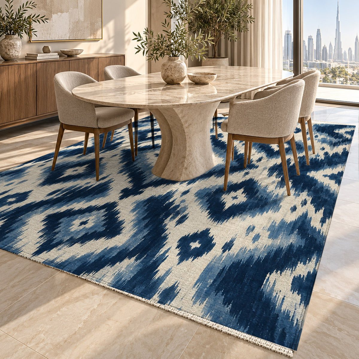 Indigo Ikat Indigo Ethnic Washable Rug — dubai dining