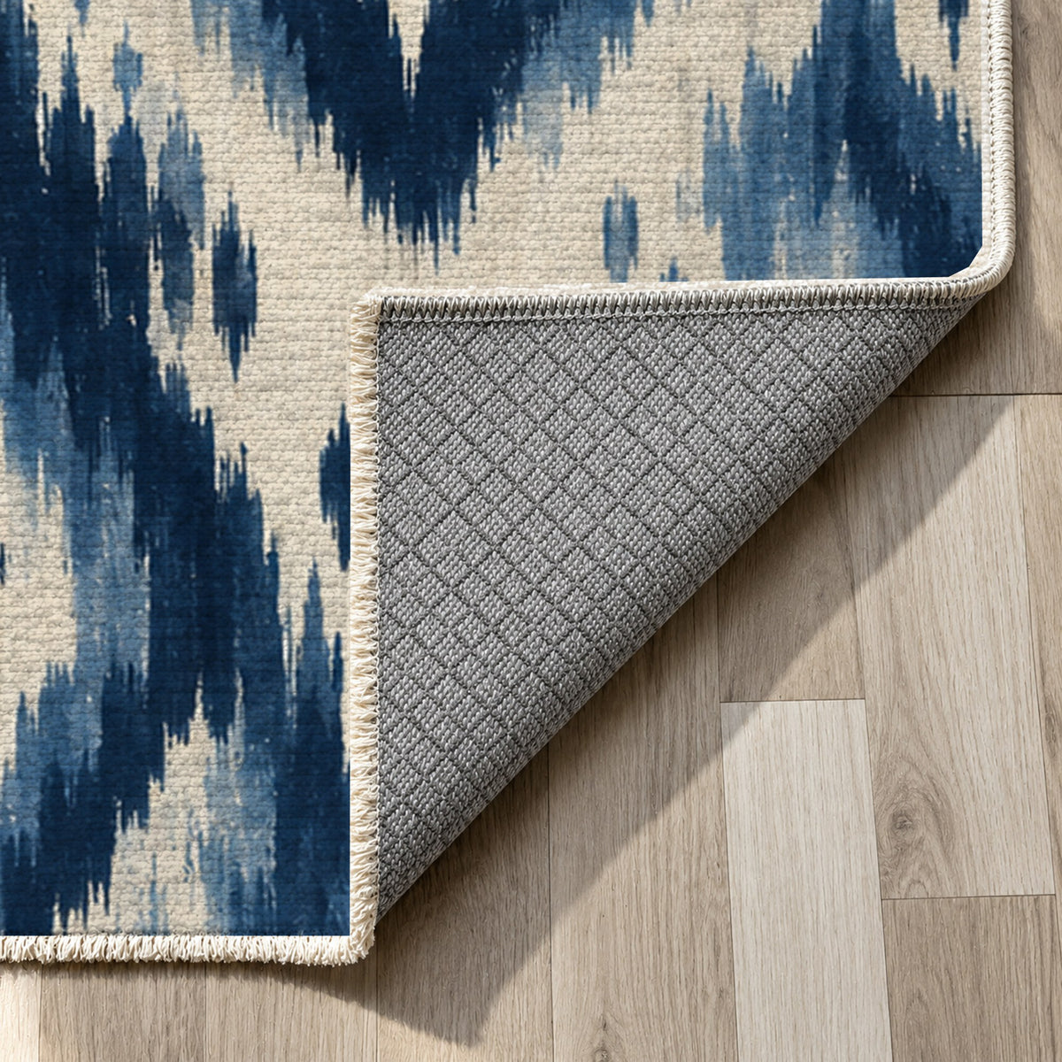 Indigo Ikat Indigo Ethnic Washable Rug — backing close up