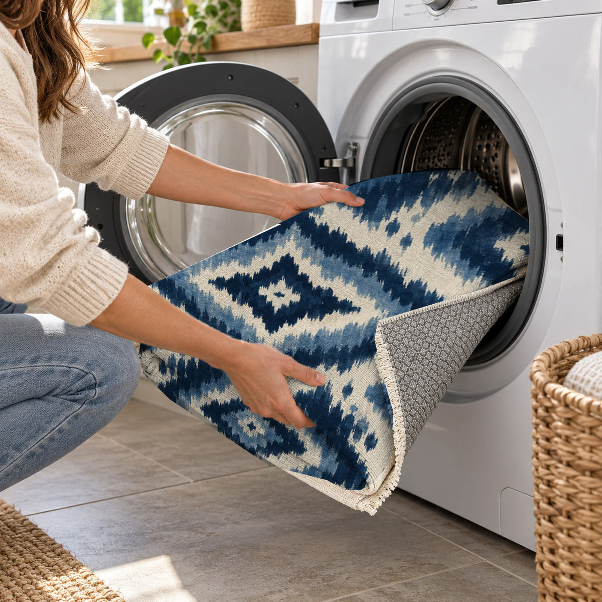 Indigo Ikat Indigo Ethnic Washable Rug — washing machine