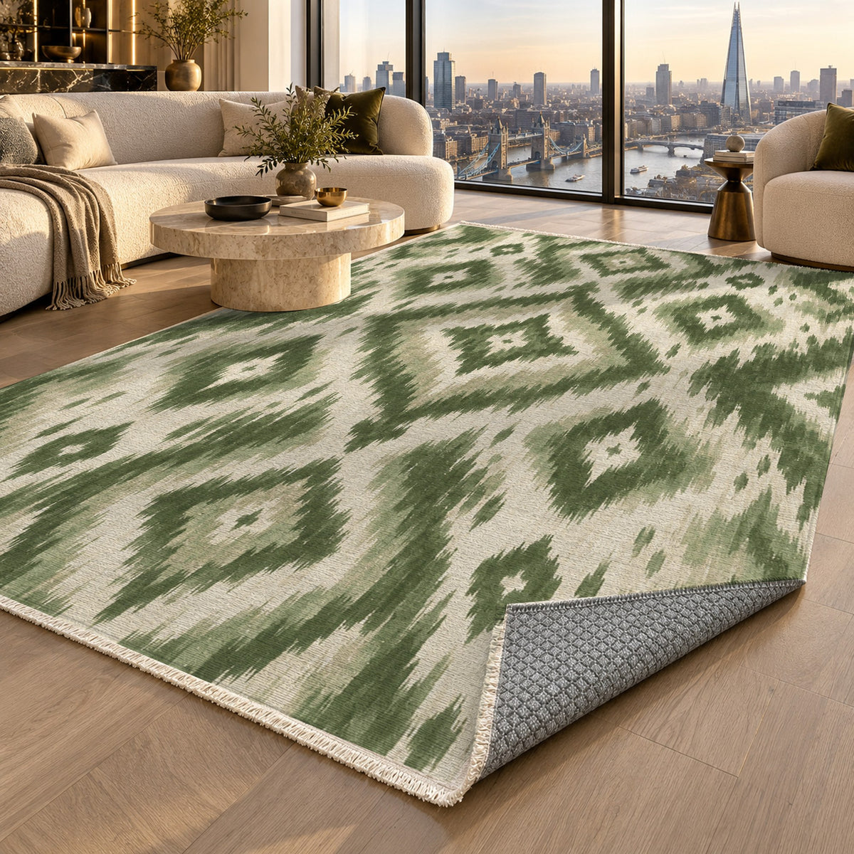 Indigo Ikat Sage Ethnic Washable Rug — london luxury living