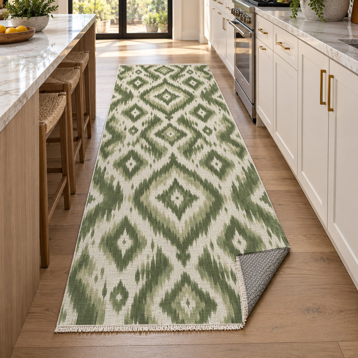 Indigo Ikat Sage Ethnic Washable Rug — new york kitchen runner