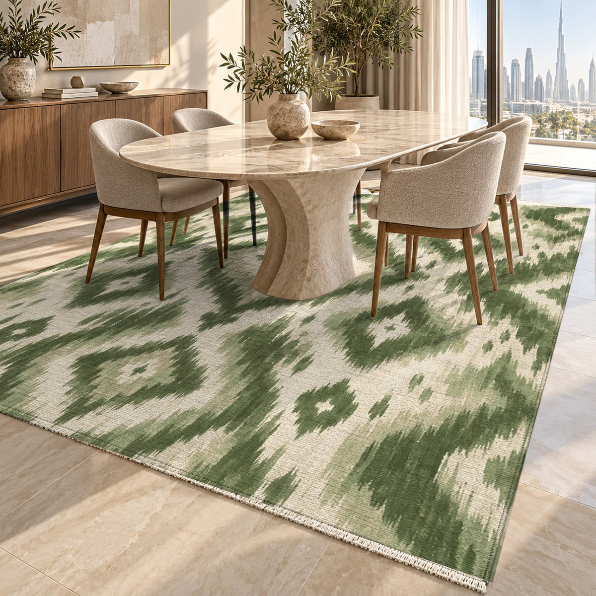 Indigo Ikat Sage Ethnic Washable Rug — dubai dining
