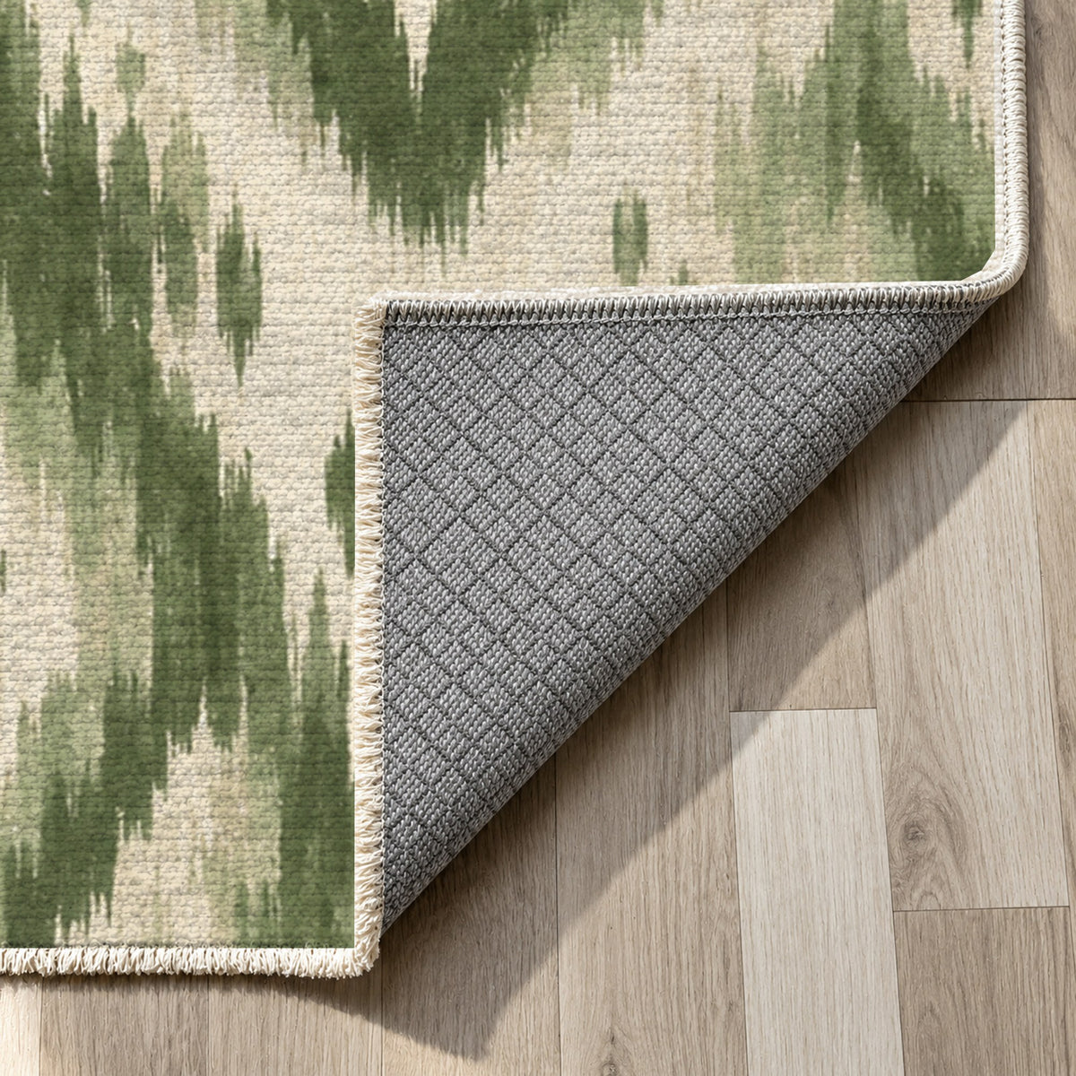 Indigo Ikat Sage Ethnic Washable Rug — backing close up