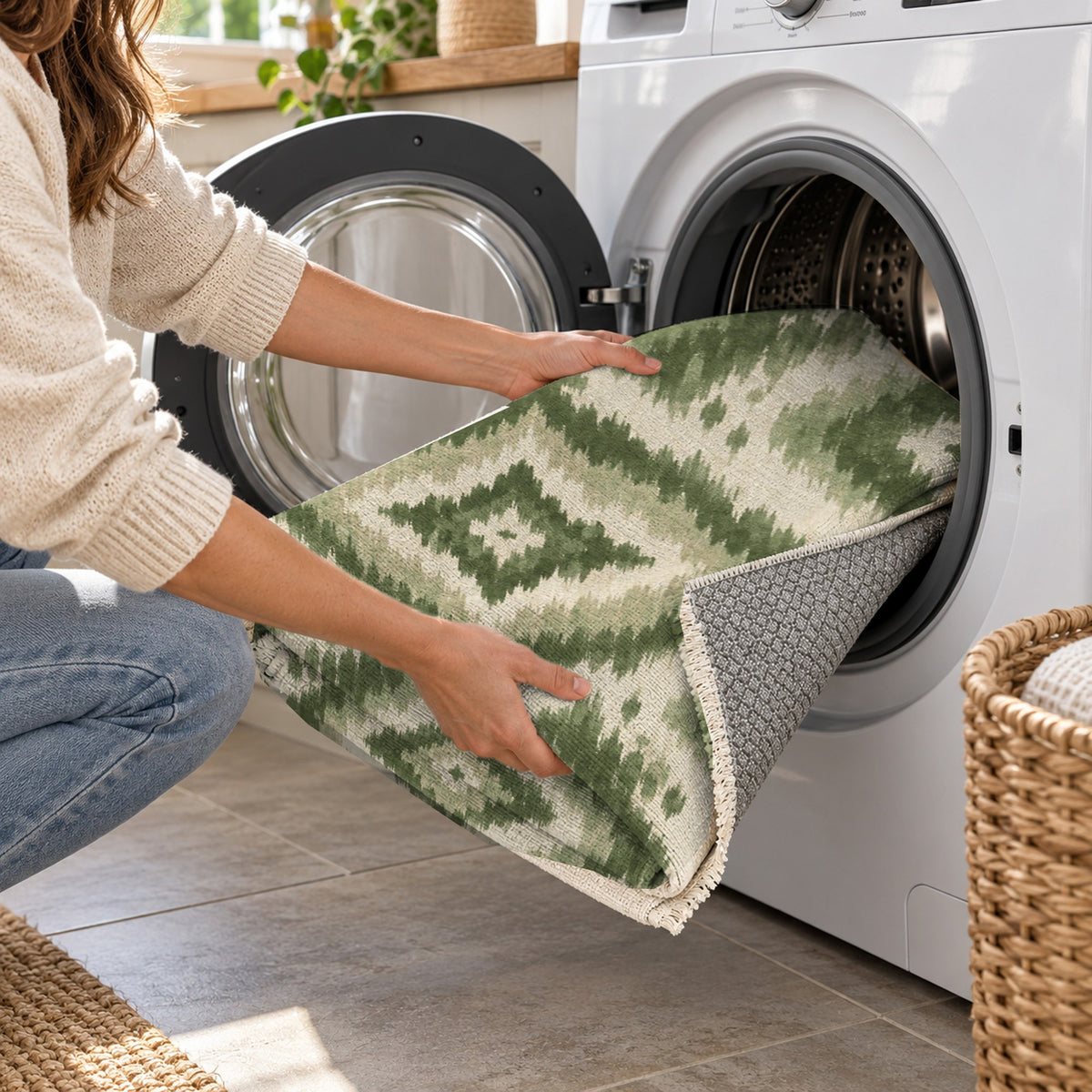 Indigo Ikat Sage Ethnic Washable Rug — washing machine