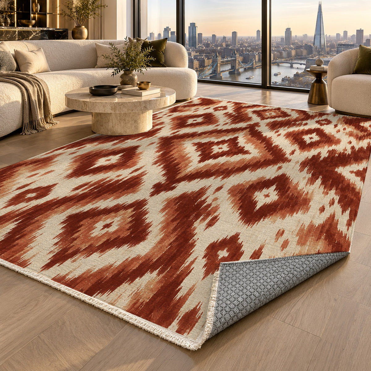 Indigo Ikat Terracotta Ethnic Washable Rug — london luxury living
