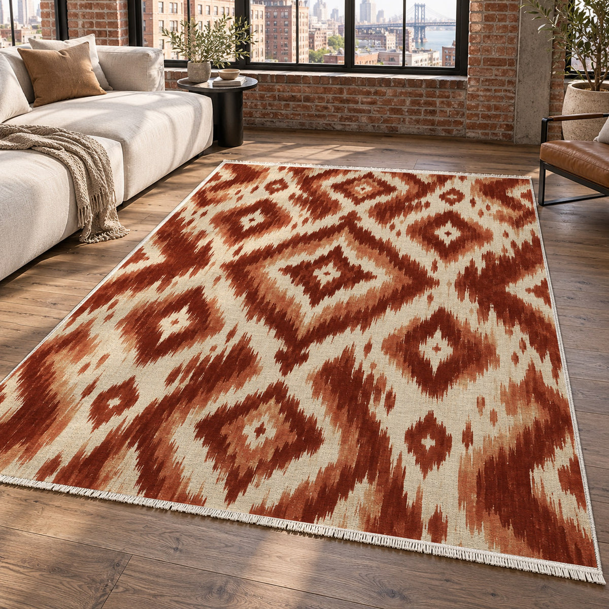 Indigo Ikat Terracotta Ethnic Washable Rug — new york living
