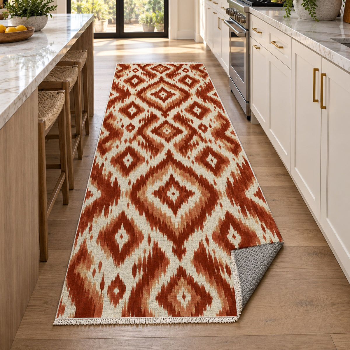 Indigo Ikat Terracotta Ethnic Washable Rug — new york kitchen runner