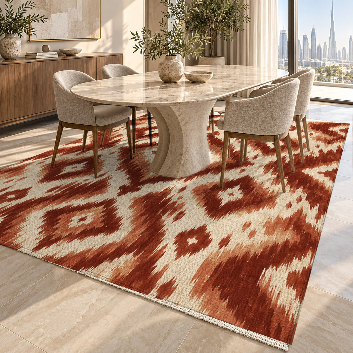 Indigo Ikat Terracotta Ethnic Washable Rug — dubai dining