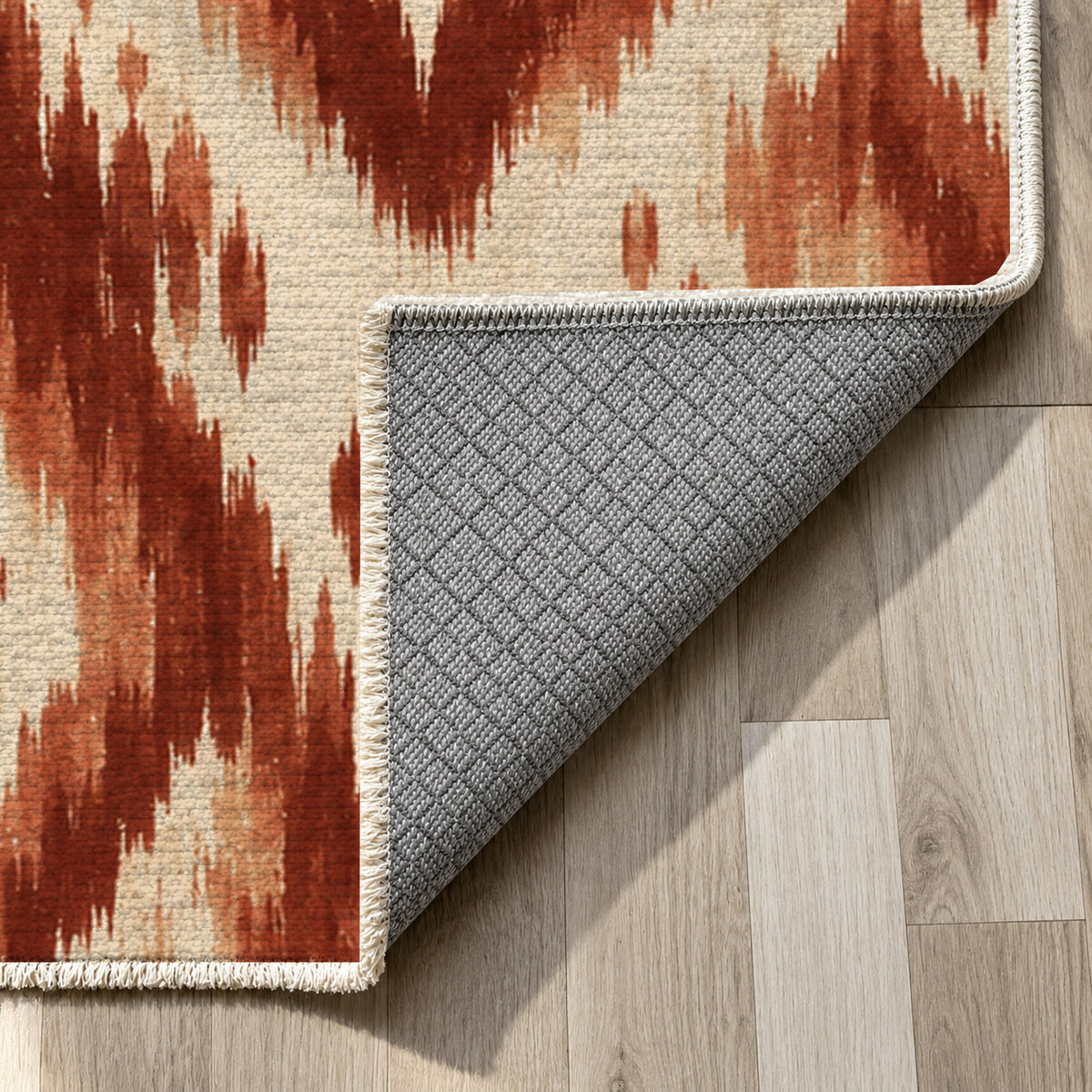 Indigo Ikat Terracotta Ethnic Washable Rug — backing close up