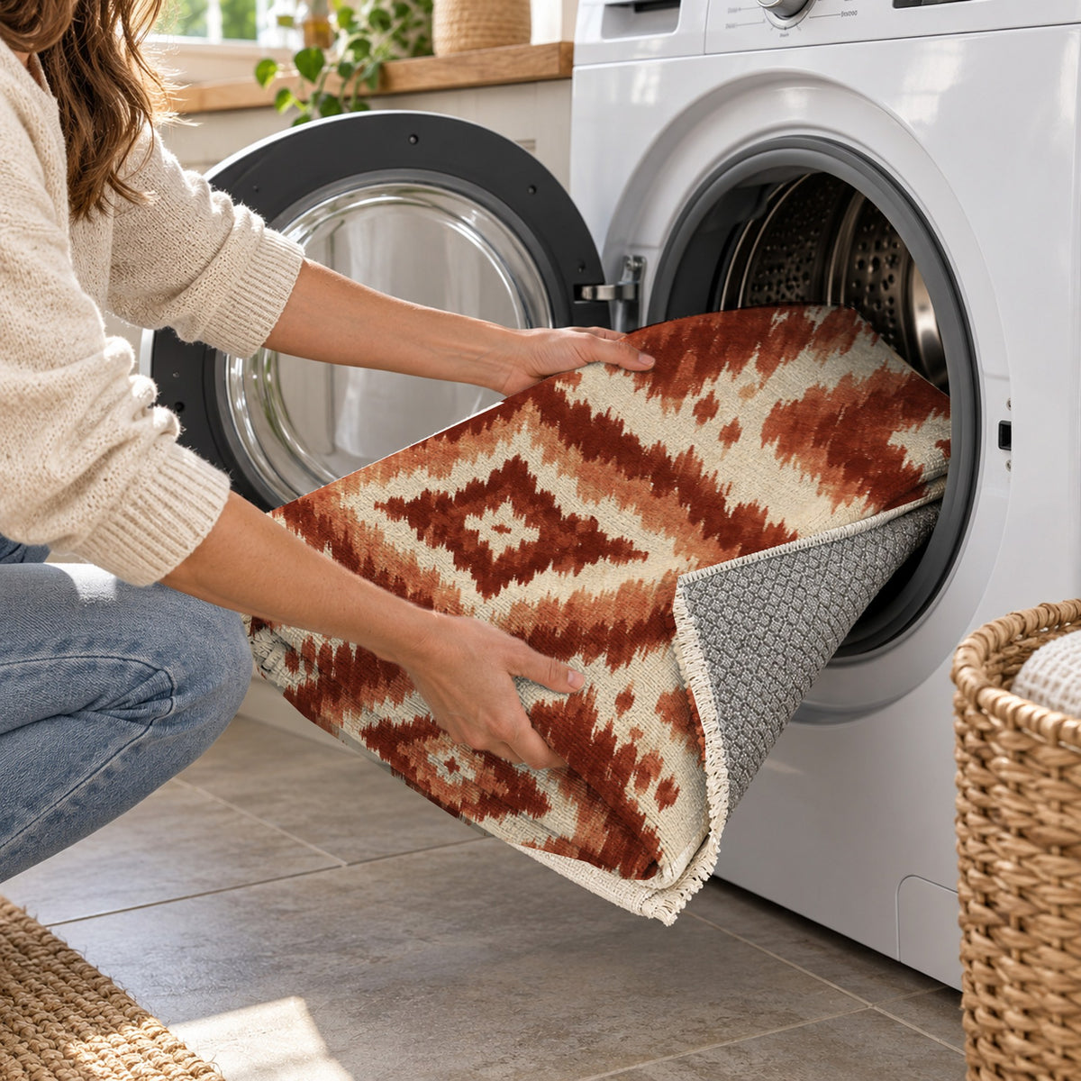 Indigo Ikat Terracotta Ethnic Washable Rug — washing machine