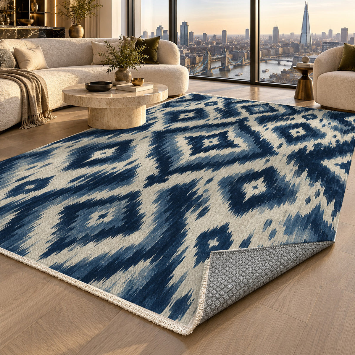 Indigo Ikat Ethnic Washable Rug — london luxury living