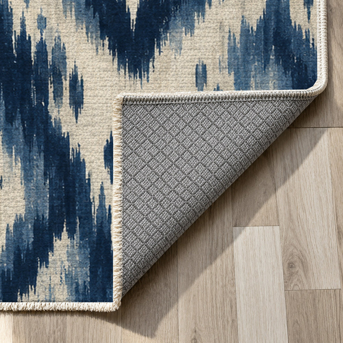 Indigo Ikat Ethnic Washable Rug — backing close up