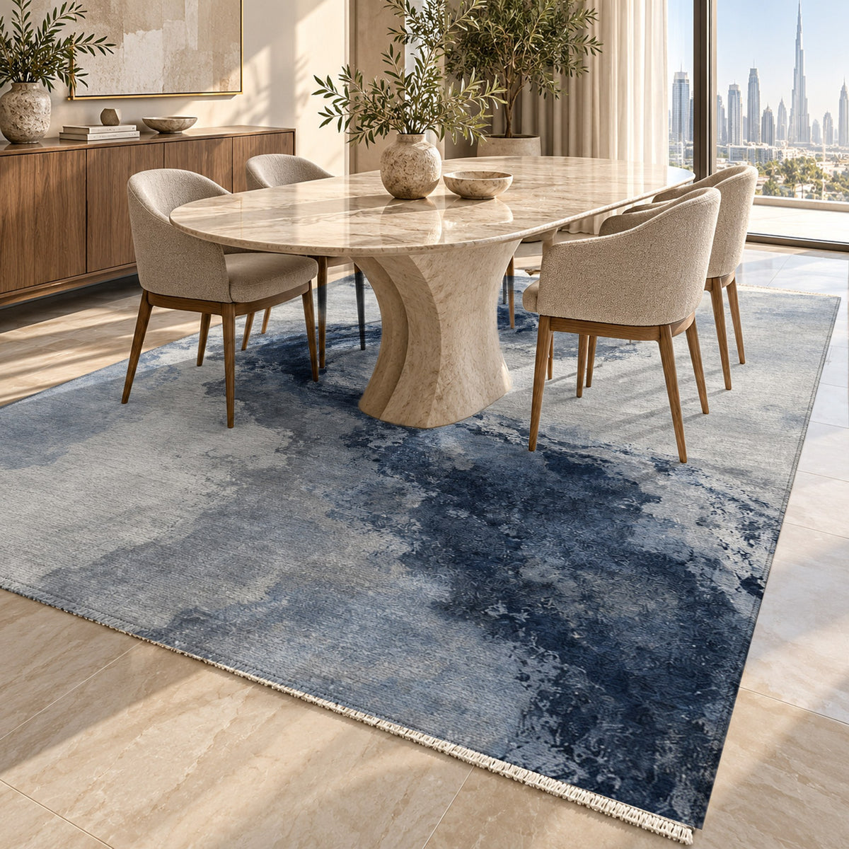 Ink River Blue Grey Abstract Washable Rug — dubai dining