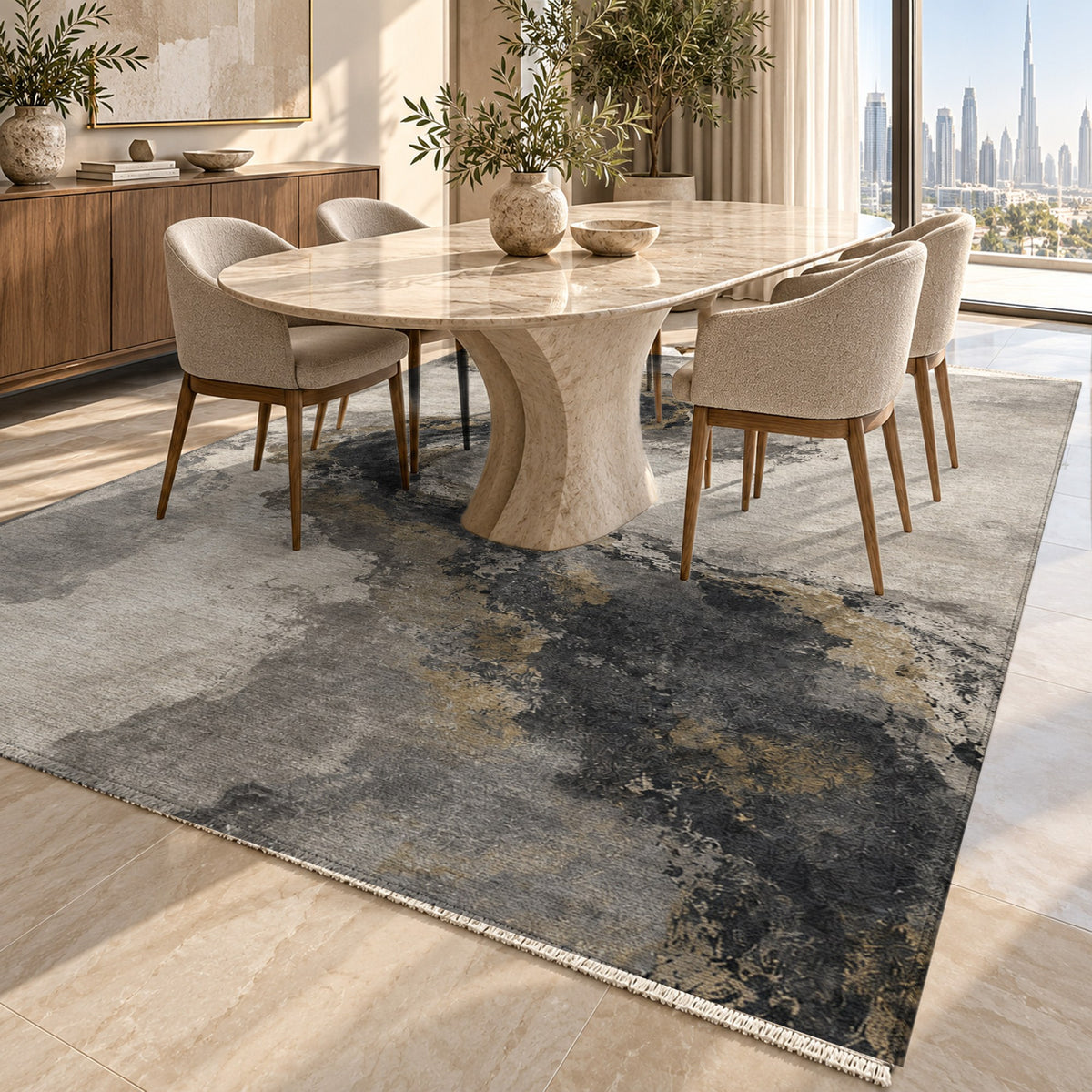 Ink River Charcoal Gold Abstract Washable Rug — dubai dining
