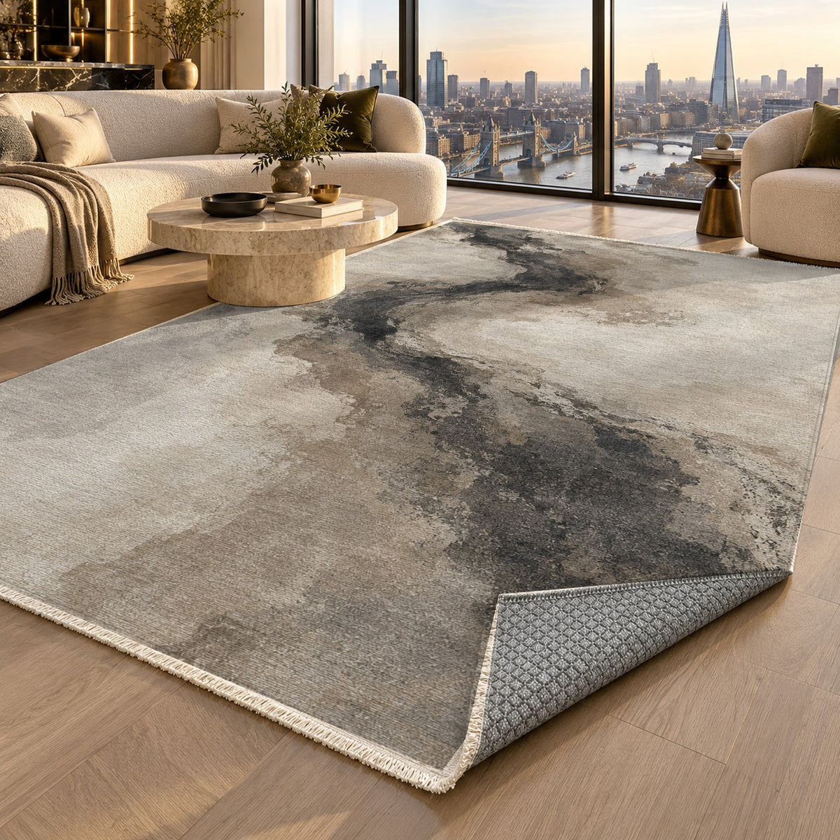 Ink River Ivory Taupe Abstract Washable Rug — london luxury living