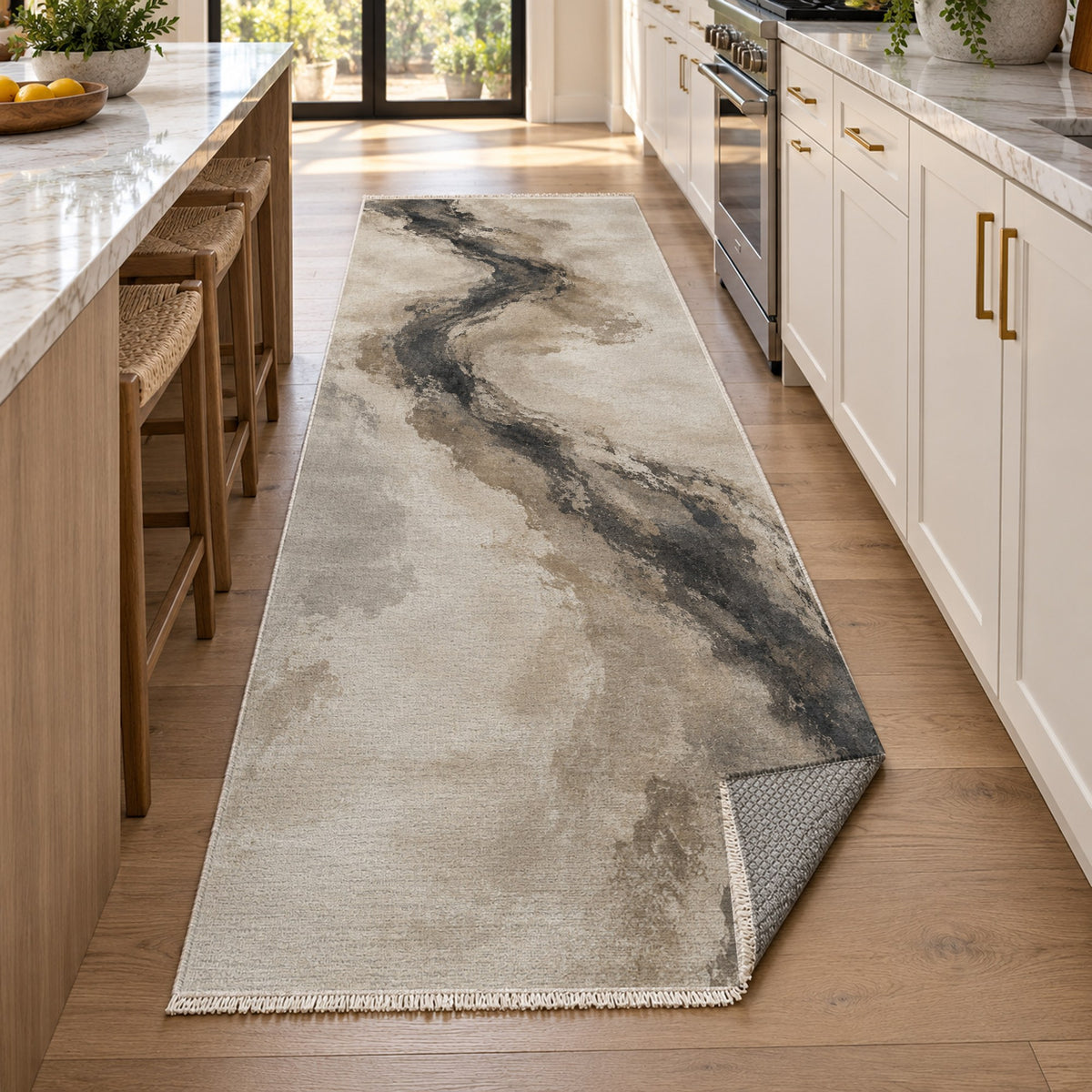 Ink River Ivory Taupe Abstract Washable Rug — new york kitchen runner