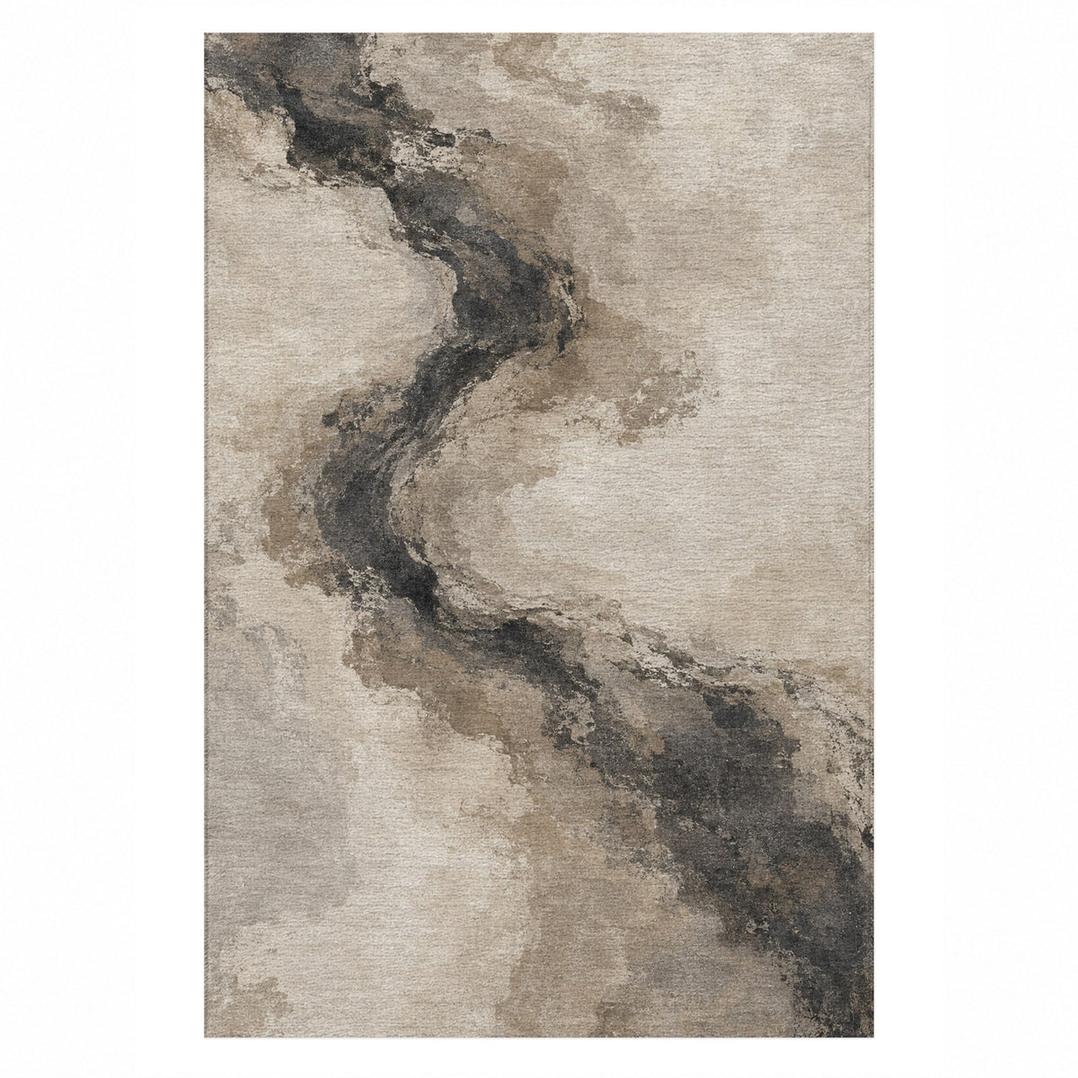 Ink River Ivory Taupe Abstract Washable Rug — top view