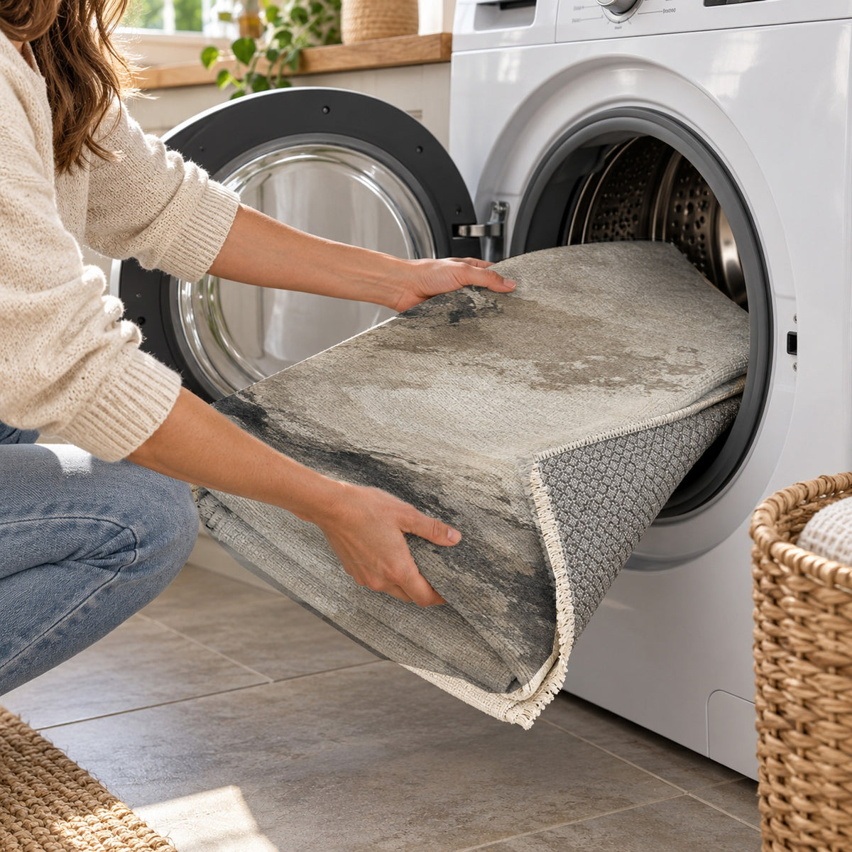 Ink River Ivory Taupe Abstract Washable Rug — washing machine
