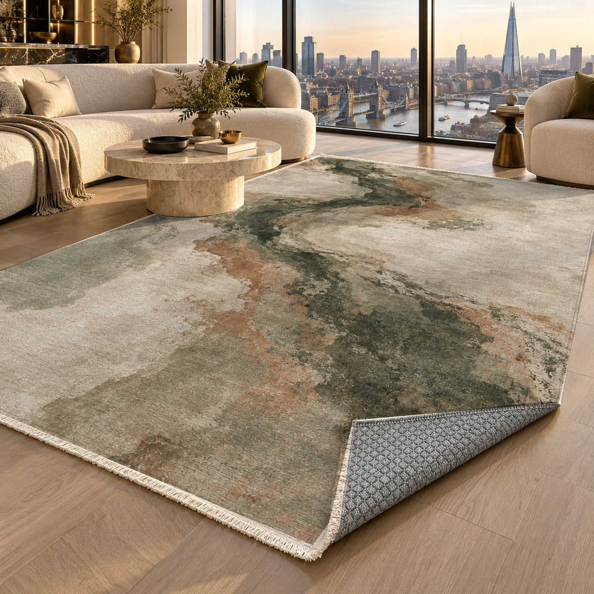 Ink River Sage Clay Abstract Washable Rug — london luxury living
