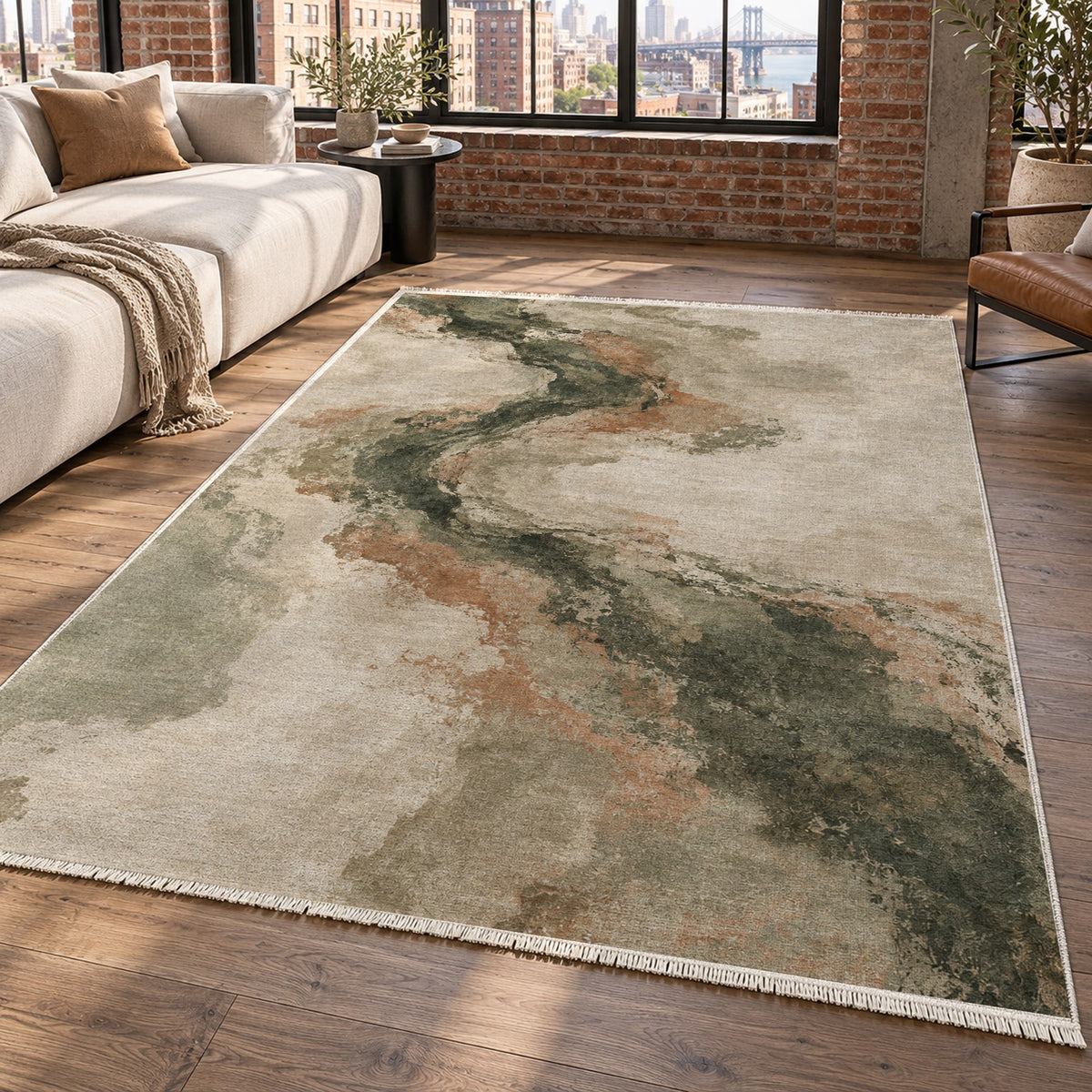 Ink River Sage Clay Abstract Washable Rug — new york living