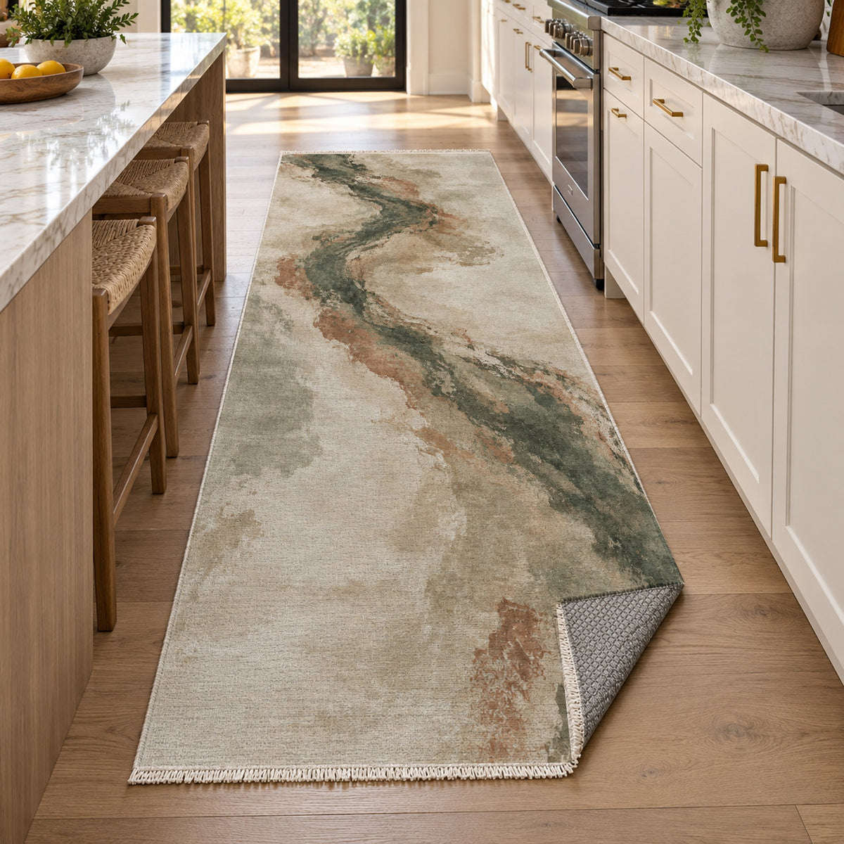 Ink River Sage Clay Abstract Washable Rug — new york kitchen runner