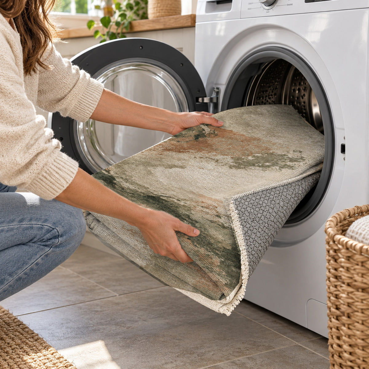 Ink River Sage Clay Abstract Washable Rug — washing machine