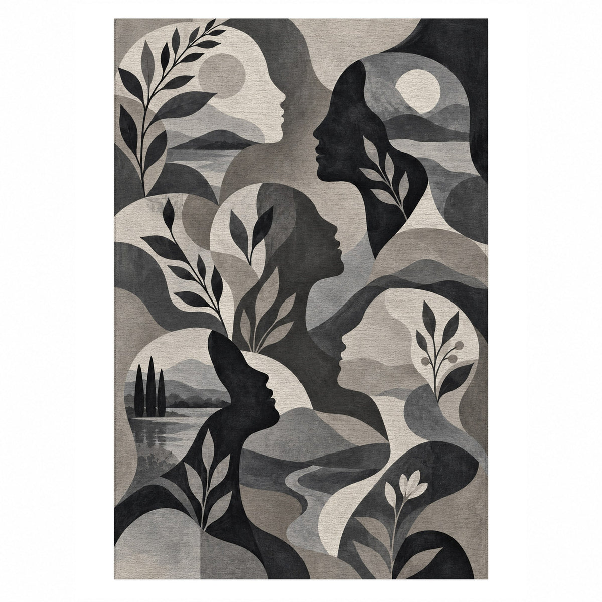 Inner Landscapes Charcoal Abstract Washable Rug — top view