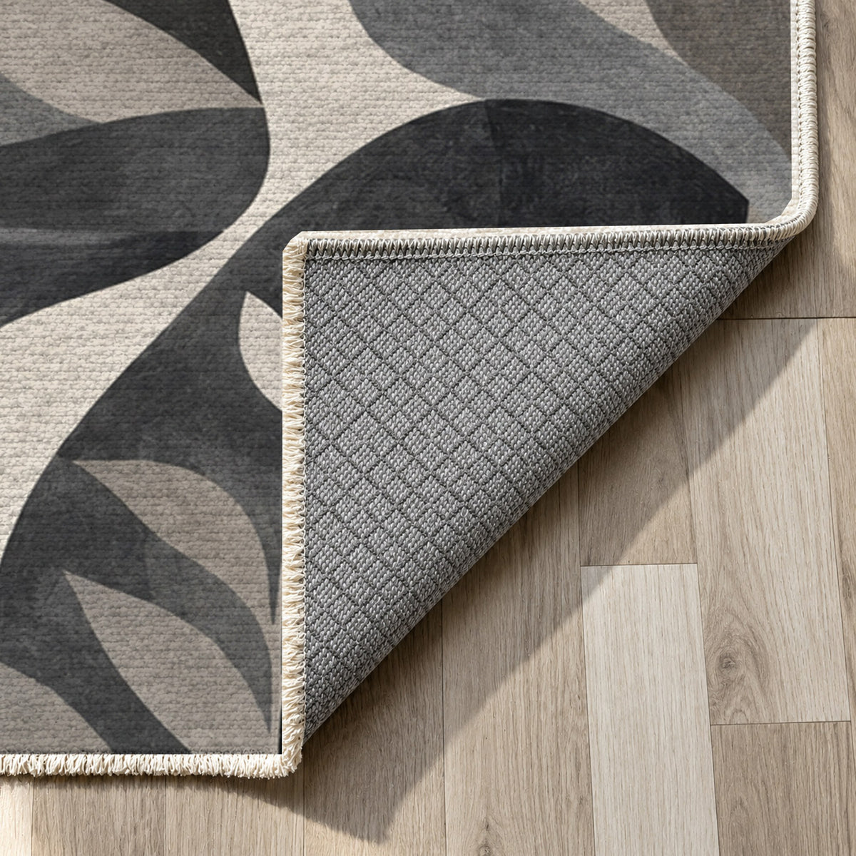 Inner Landscapes Charcoal Abstract Washable Rug — backing close up