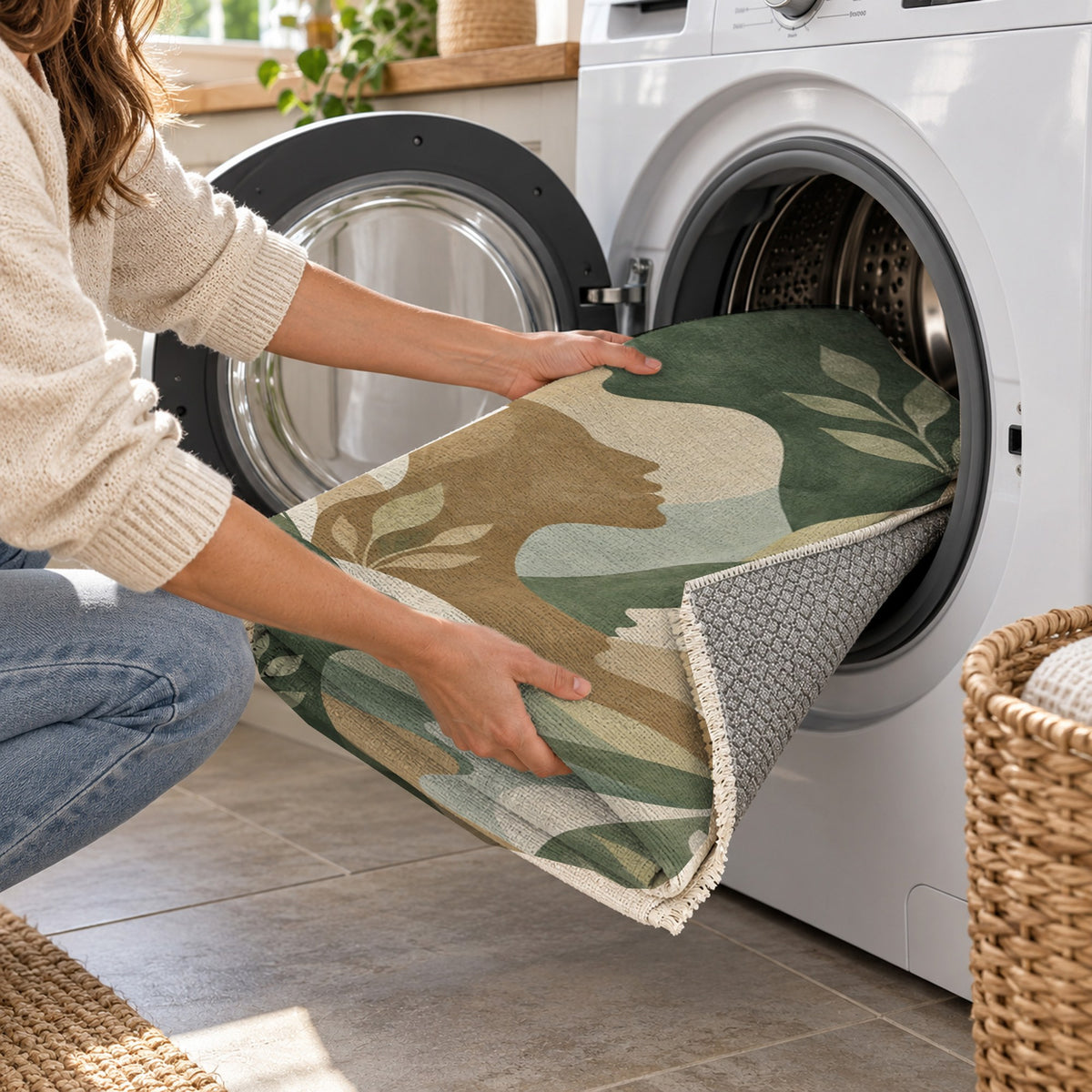 Inner Landscapes Sage Abstract Washable Rug — washing machine