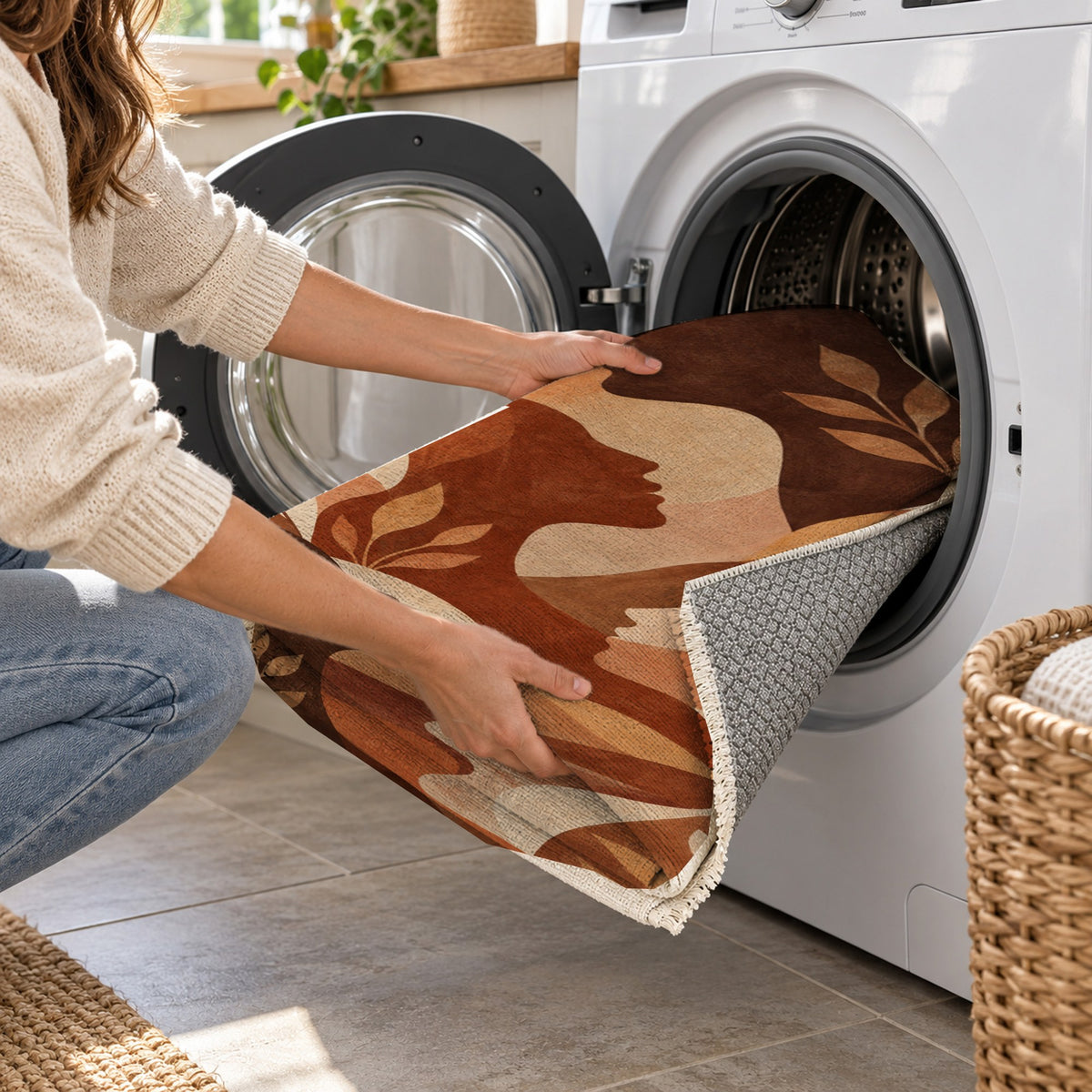 Inner Landscapes Terracotta Abstract Washable Rug — washing machine