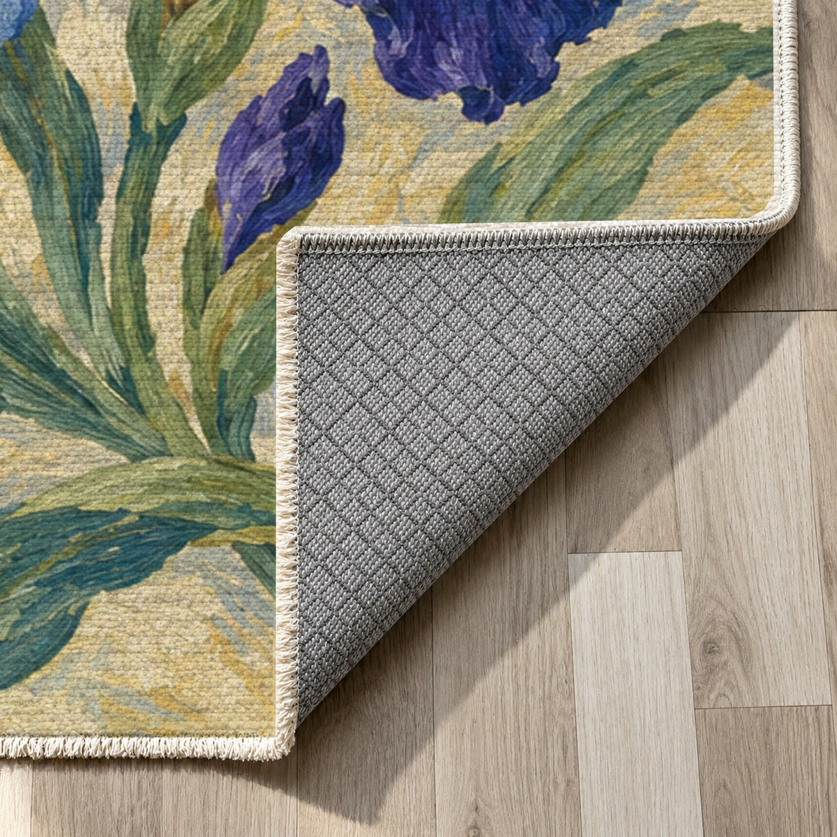 Iris Garden Abstract Washable Rug — backing close up